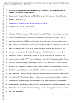 Biodegradation of sulfamethoxazole by individual and mixed bacteria thumbnail