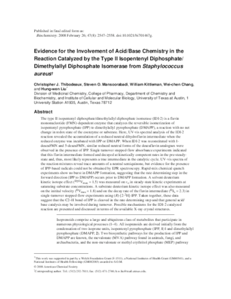 Evidence for the involvement of acid/base chemistry in the reaction catalyzed by the type II isopentenyl diphosphate/dimethylallyl diphosphate isomerase from Staphylococcus aureus thumbnail