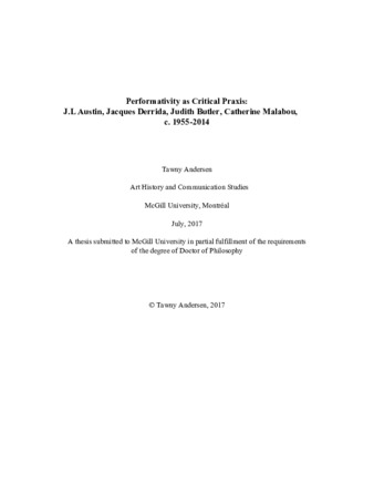 Performativity as critical praxis: J.L Austin, Jacques Derrida, Judith Butler, Catherine Malabou, c. 1955-2014 thumbnail