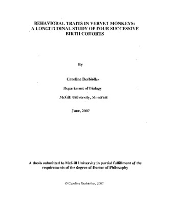 Behavioral traits in vervet monkeys : a longitudinal study of four successive birth cohorts thumbnail