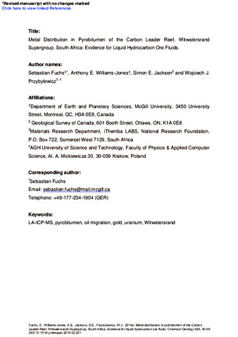 Metal distribution in pyrobitumen of the Carbon Leader Reef, Witwatersrand Supergroup, South Africa: Evidence for liquid hydrocarbon ore fluids. thumbnail