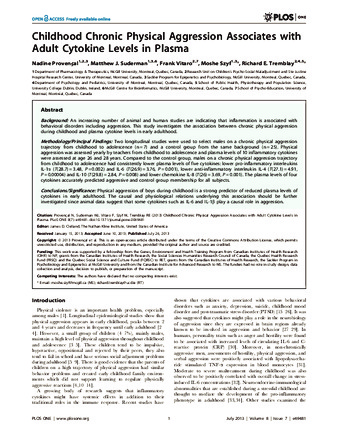 Childhood Chronic Physical Aggression Associates with Adult Cytokine Levels in Plasma thumbnail