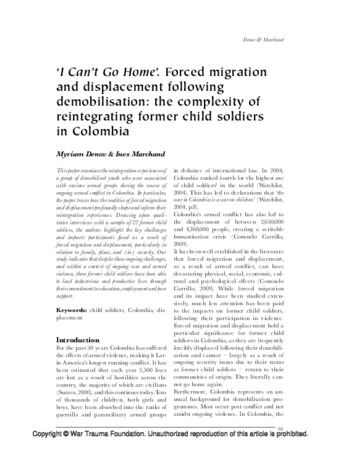 ‘I Can’t Go Home’. Forced migration and displacement following demobilisation: the complexity of reintegrating former child soldiers in Colombia thumbnail