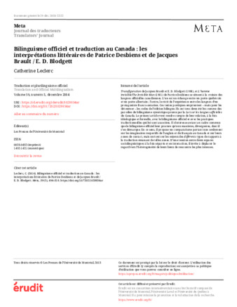 Bilinguisme officiel et traduction au Canada : les interprétations littéraires de Patrice Desbiens et de Jacques Brault / E. D. Blodgett thumbnail