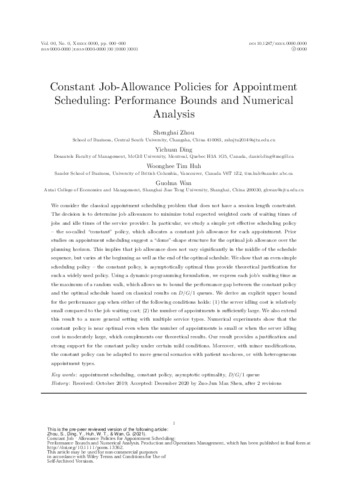 Constant Job-Allowance Policies for Appointment Scheduling: Performance Bounds and Numerical Analysis thumbnail