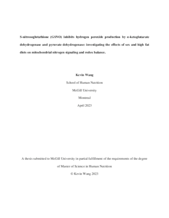 S-nitrosoglutathione (GSNO) inhibits hydrogen peroxide production by α-ketoglutarate dehydrogenase and pyruvate dehydrogenase: investigating the effects of sex and high fat diets on mitochondrial nitrogen signaling and redox balance. thumbnail