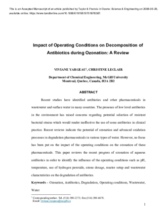 Impact of Operating Conditions on Decomposition of Antibiotics during Ozonation thumbnail