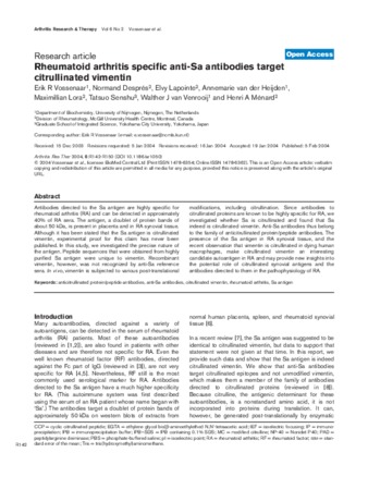 Rheumatoid arthritis specific anti-Sa antibodies target citrullinated vimentin thumbnail