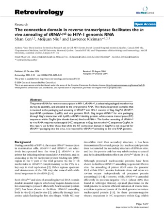 The connection domain in reverse transcriptase facilitates the in vivo annealing of tRNALys3 to HIV-1 genomic RNA thumbnail