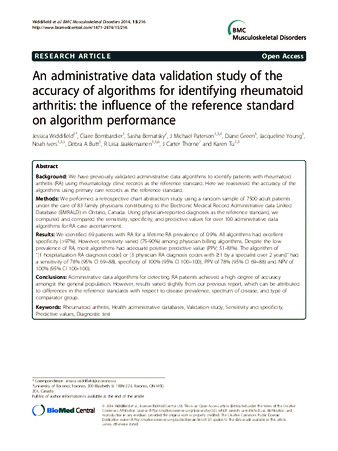 An administrative data validation study of the accuracy of algorithms for identifying rheumatoid arthritis: the influence of the reference standard on algorithm performance thumbnail