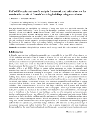 Unified life-cycle cost-benefit analysis framework and critical review for sustainable retrofit of Canada’s existing buildings using mass timber thumbnail