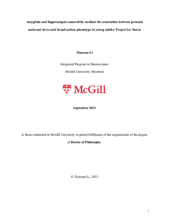 Amygdala and hippocampal connectivity mediate the association between prenatal maternal stress and broad autism phenotype in young adults: Project Ice Storm thumbnail