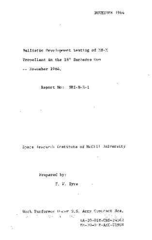 Ballistic development testing of M8-M propellant in the 16" Barbados gun -- November 1964 thumbnail