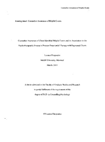 Counsellor awareness of client-identified helpful events and its association to the psychotherapeutic process in process-experimential therapy with depressed clients thumbnail