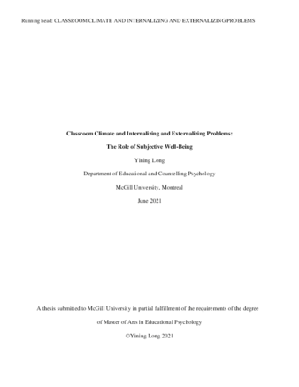 Classroom climate and internalizing and externalizing problems: The role of subjective well-being thumbnail