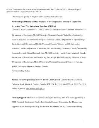 Methodological quality of meta-analyses of the diagnostic accuracy of depression screening tools thumbnail