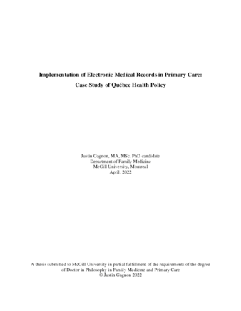 Implementation of electronic medical records in primary care: case study of Québec health care policy thumbnail