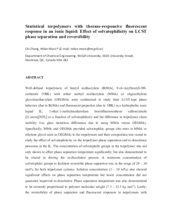 Statistical terpolymers with thermo-responsive fluorescent response in an ionic liquid: Effect of solvatophilicity on LCST phase separation and reversibility thumbnail