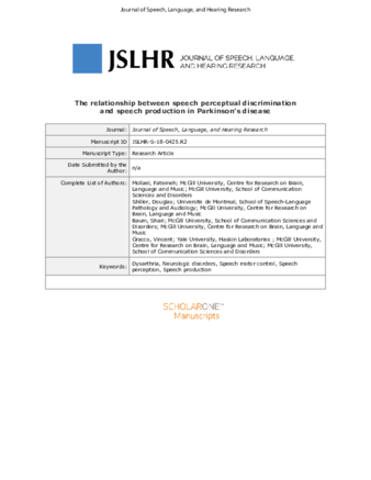 The Relationship Between Speech Perceptual Discrimination and Speech Production in Parkinson's Disease thumbnail