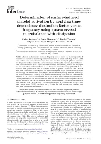 Determination of surface-induced platelet activation by applying time-dependency dissipation factor versus frequency using quartz crystal microbalance with dissipation thumbnail