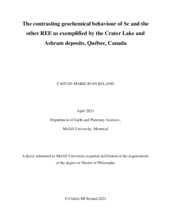 The contrasting geochemical behaviour of Sc and the other REE as exemplified by the Crater Lake and Ashram deposits, Québec, Canada thumbnail