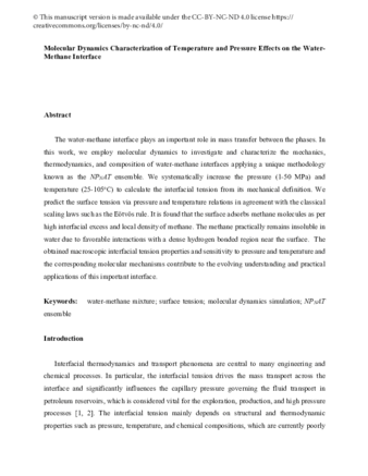 Molecular Dynamics Characterization of Temperature and Pressure Effects on the Water-Methane Interface thumbnail