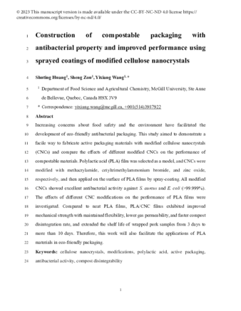 Construction of compostable packaging with antibacterial property and improved performance using sprayed coatings of modified cellulose nanocrystals thumbnail