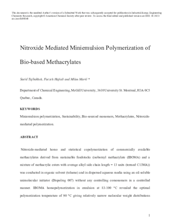 Nitroxide Mediated Miniemulsion Polymerization of Bio-based Methacrylates thumbnail