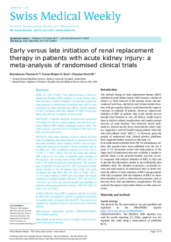 Early versus late initiation of renal replacement therapy in patients with acute kidney injury: a meta-analysis of randomised clinical trials thumbnail
