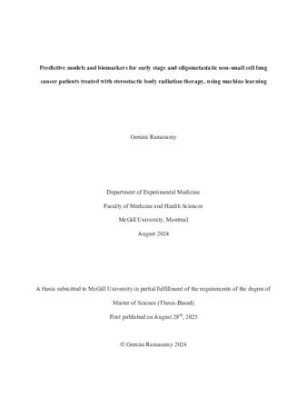 Predictive models and biomarkers for early stage and oligometastatic non-small cell lung cancer patients treated with stereotactic body radiation therapy, using machine learning thumbnail