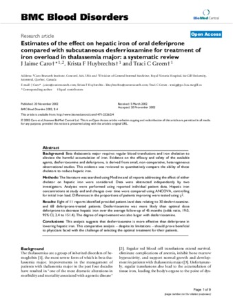 Estimates of the effect on hepatic iron of oral deferiprone compared with subcutaneous desferrioxamine for treatment of iron overload in thalassemia major: a systematic review thumbnail