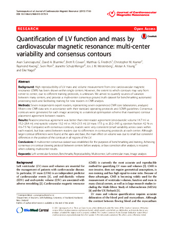 Quantification of LV function and mass by cardiovascular magnetic resonance: multi-center variability and consensus contours thumbnail