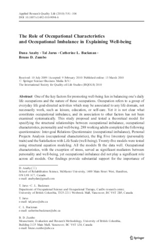 Role of Occupational Characteristics and Occupational Imbalance in Explaining Well-being thumbnail