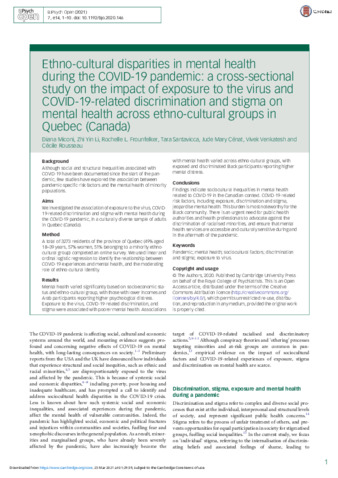 Ethno-cultural disparities in mental health during the COVID-19 pandemic: a cross-sectional study on the impact of exposure to the virus and COVID-19-related discrimination and stigma on mental health across ethno-cultural groups in Quebec (Canada) thumbnail