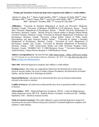 Timing and Chronicity of Maternal Depression Symptoms and Children's Verbal Abilities thumbnail