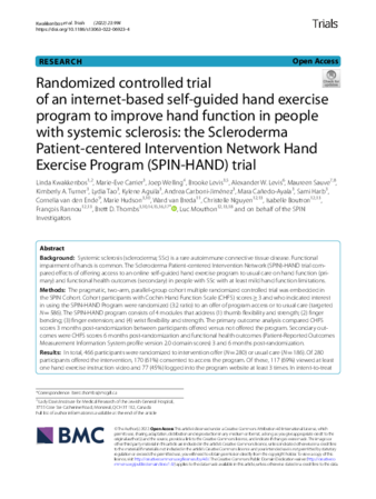 Randomized controlled trial of an internet-based self-guided hand exercise program to improve hand function in people with systemic sclerosis: the Scleroderma Patient-centered Intervention Network Hand Exercise Program (SPIN-HAND) trial thumbnail