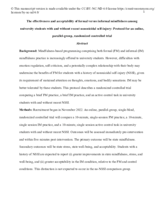 The effectiveness and acceptability of formal versus informal mindfulness among university students with and without recent nonsuicidal self-injury: Protocol for an online, parallel-group, randomized controlled trial thumbnail