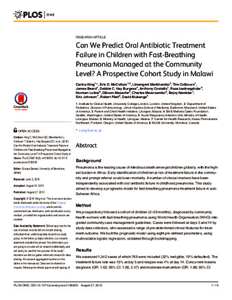 Can We Predict Oral Antibiotic Treatment Failure in Children with Fast-Breathing Pneumonia Managed at the Community Level? A Prospective Cohort Study in Malawi thumbnail