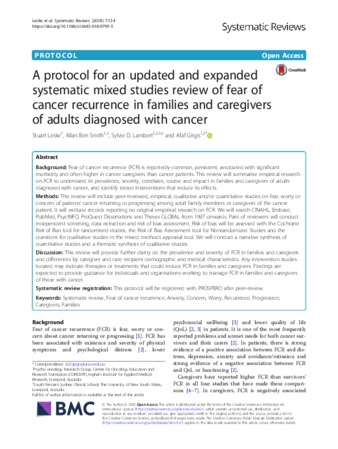 A protocol for an updated and expanded systematic mixed studies review of fear of cancer recurrence in families and caregivers of adults diagnosed with cancer thumbnail