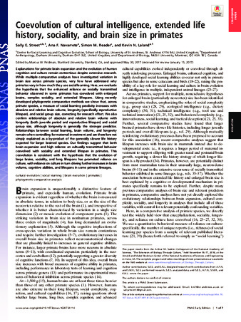 Coevolution of cultural intelligence, extended life history, sociality, and brain size in primates thumbnail