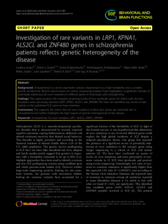 Investigation of rare variants in LRP1, KPNA1, ALS2CL and ZNF480 genes in schizophrenia patients reflects genetic heterogeneity of the disease thumbnail