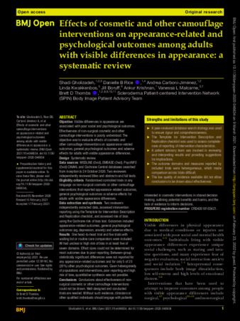 Effects of cosmetic and other camouflage interventions on appearance-related and psychological outcomes among adults with visible differences in appearance: a systematic review  thumbnail