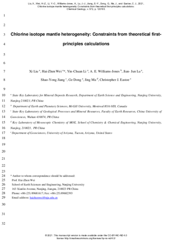 Chlorine isotope mantle heterogeneity: Constraints from theoretical first-principles calculations thumbnail