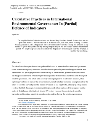 Calculative Practices in International Environmental Governance: In (Partial) Defence of Indicators thumbnail