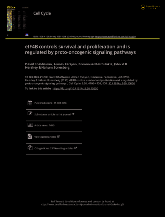 eIF4B controls survival and proliferation and is regulated by proto-oncogenic signaling pathways thumbnail