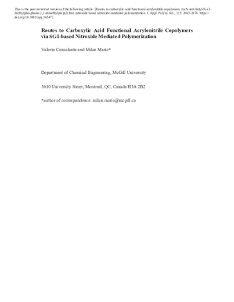 Routes to Carboxylic Acid Functional Acrylonitrile Copolymers via SG1-based Nitroxide Mediated Polymerization thumbnail