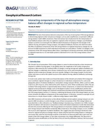 Interacting components of the top-of-atmosphere energy balance affect changes in regional surface temperature thumbnail