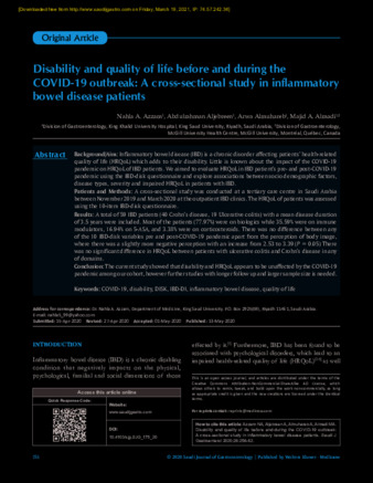 Disability and quality of life before and during the COVID-19 outbreak: A cross-sectional study in inflammatory bowel disease patients thumbnail