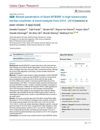 Market penetration of Xpert MTB/RIF in high tuberculosis burden countries: A trend analysis from 2014 - 2016  thumbnail