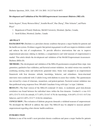 Development and Validation of the McGill Empowerment Assessment-Diabetes (MEA-D) thumbnail